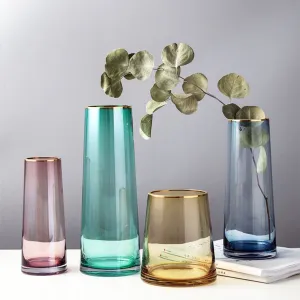 Tapered Colored Glass Vase with Gold Rim