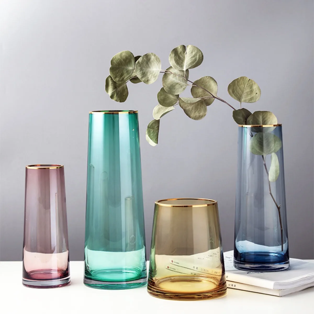 Tapered Colored Glass Vase with Gold Rim