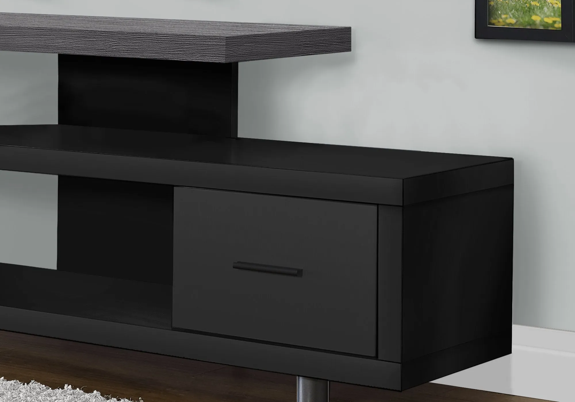 Tv Stand - 60"L / Black / Grey Top With 1 Drawer