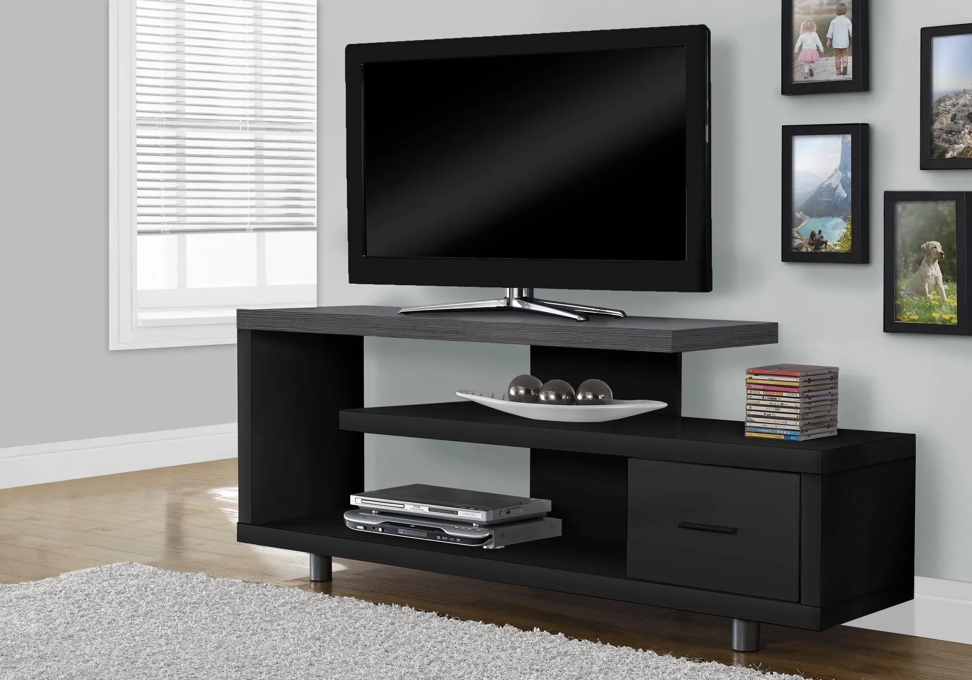 Tv Stand - 60"L / Black / Grey Top With 1 Drawer