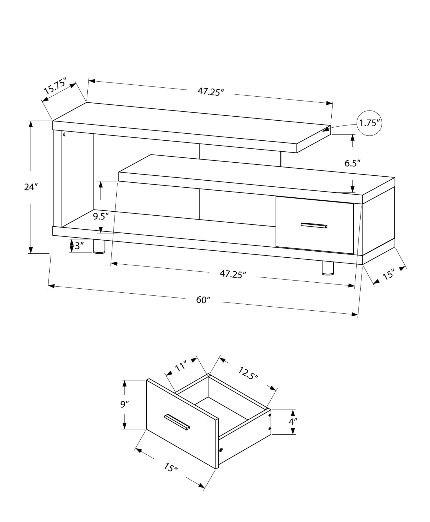 Tv Stand - 60"L / Black / Grey Top With 1 Drawer