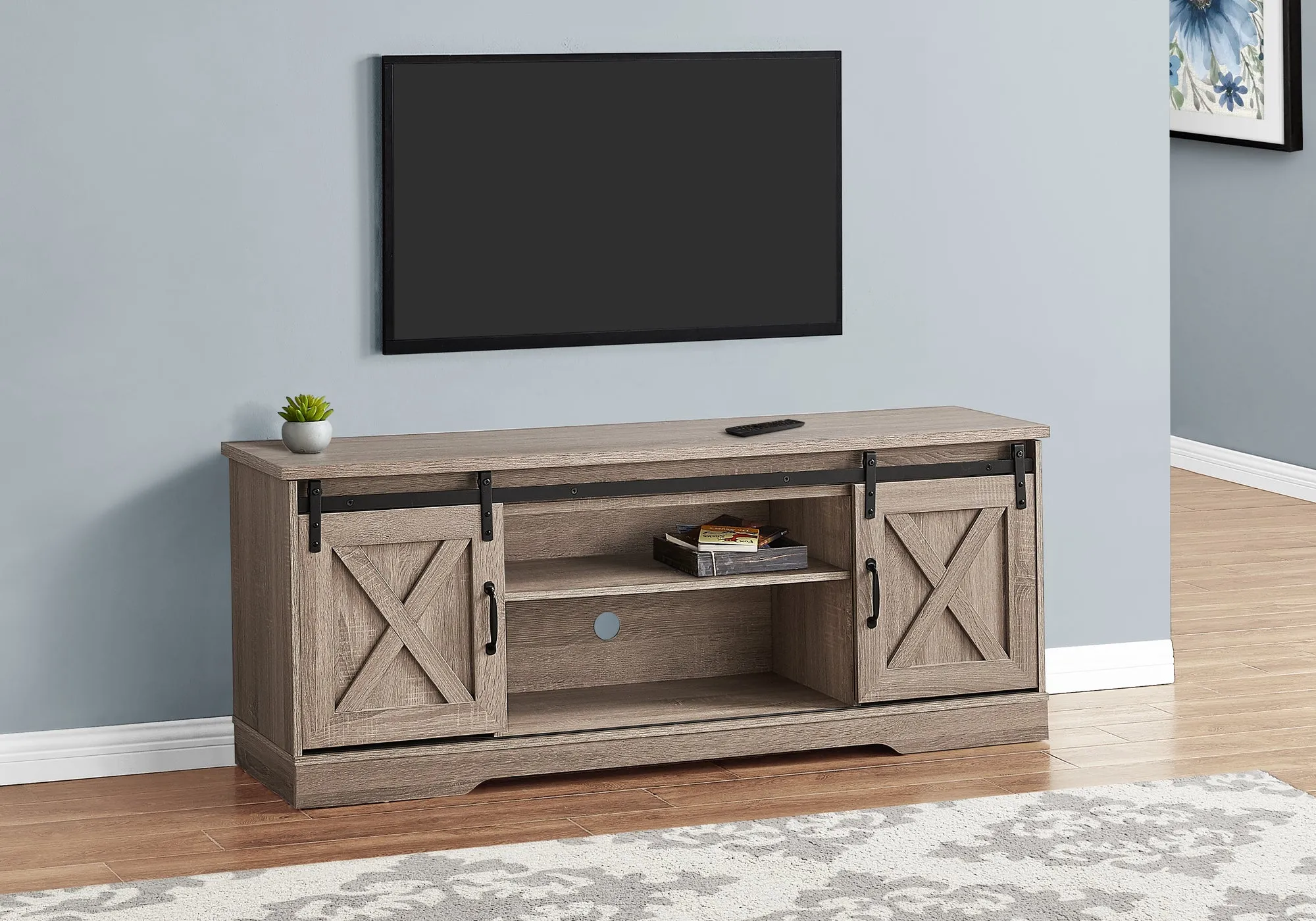 Tv Stand - 60"L / Dark Taupe With 2 Sliding Doors