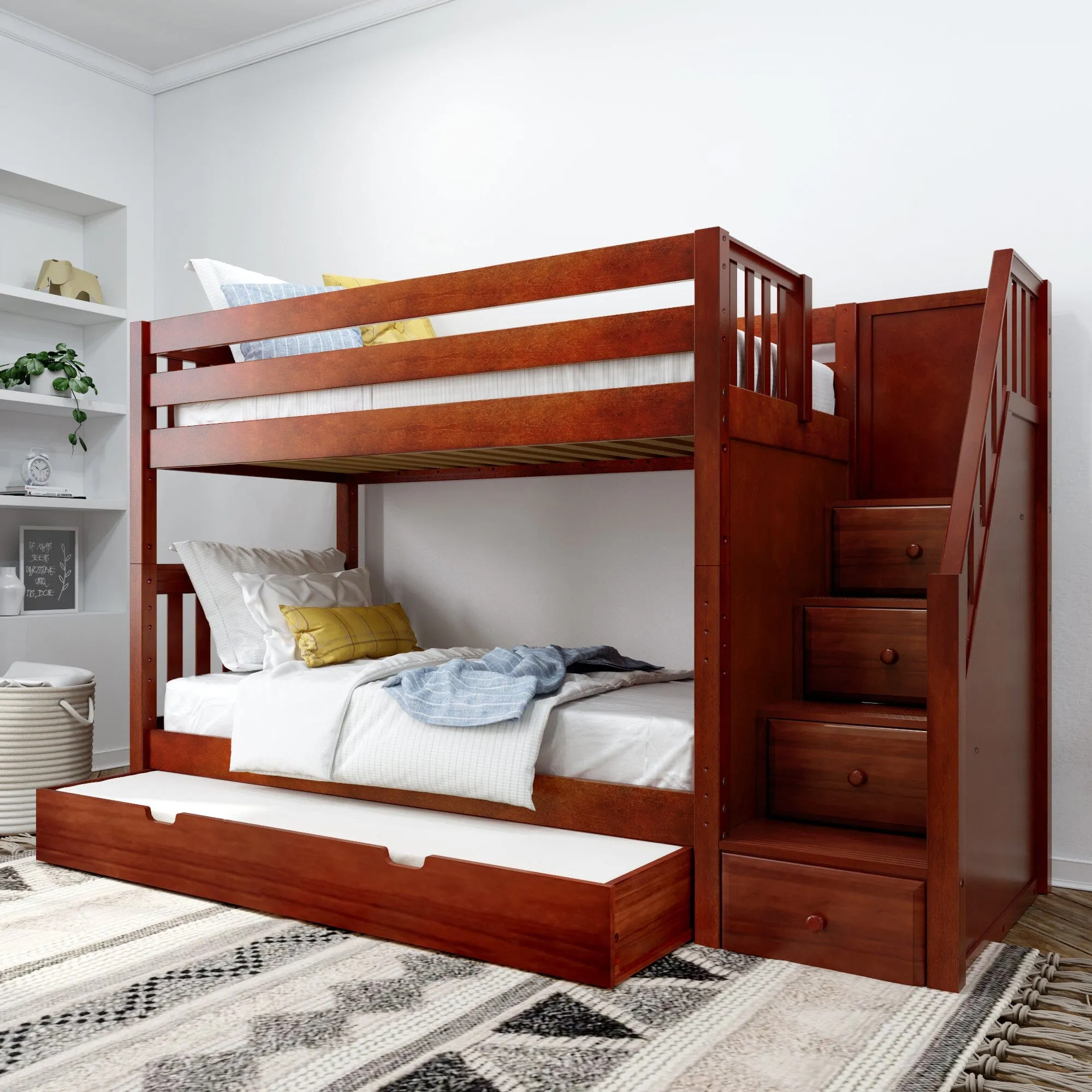 Twin Medium Bunk Bed with Stairs and Trundle Bed