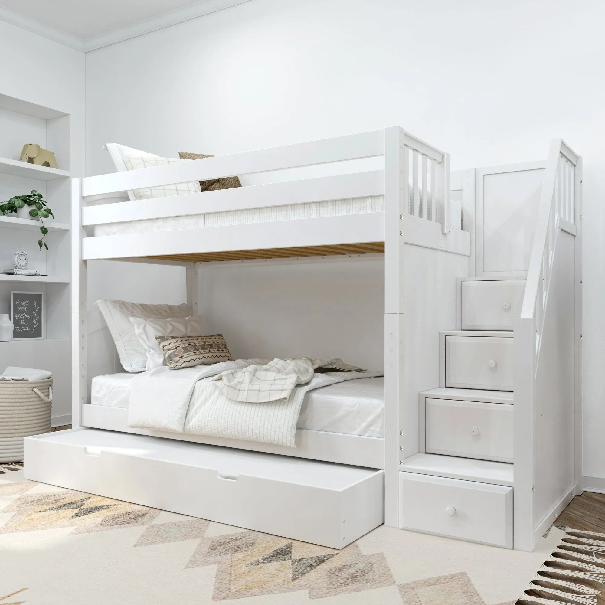 Twin Medium Bunk Bed with Stairs and Trundle Bed
