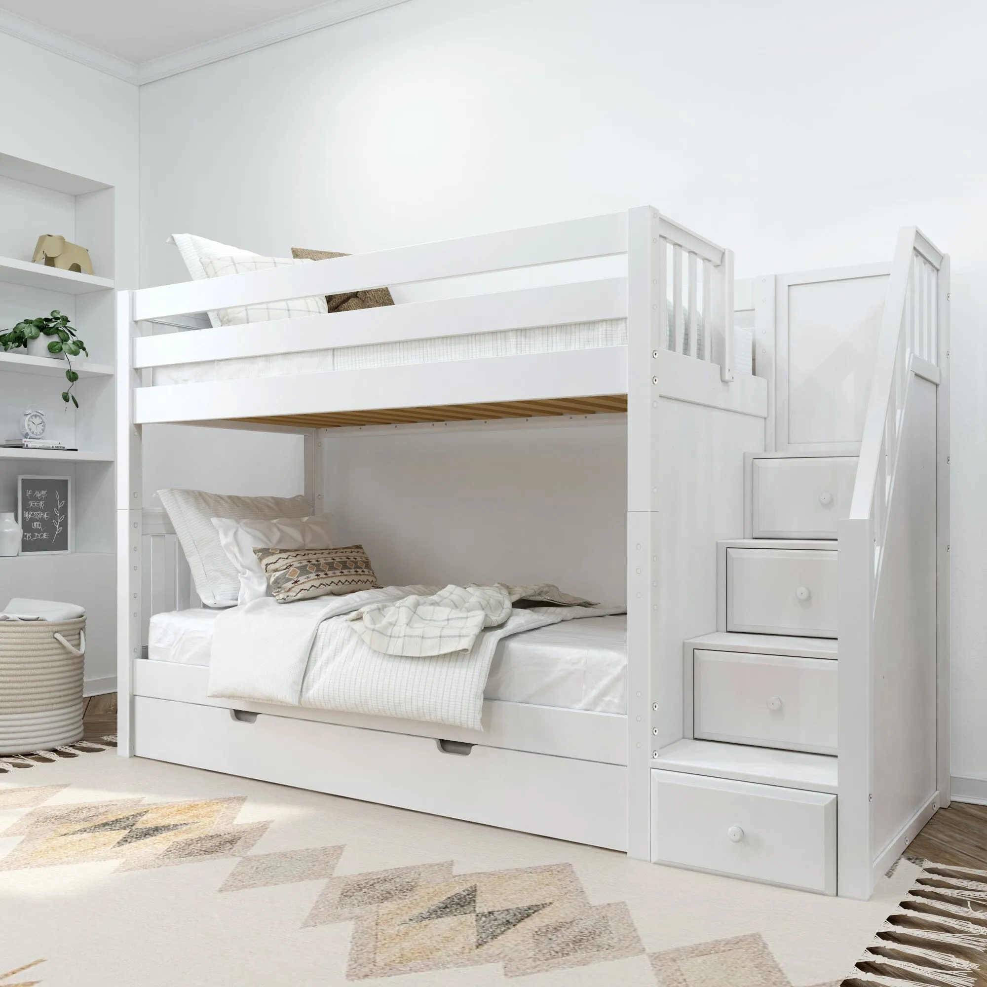 Twin Medium Bunk Bed with Stairs and Trundle Bed