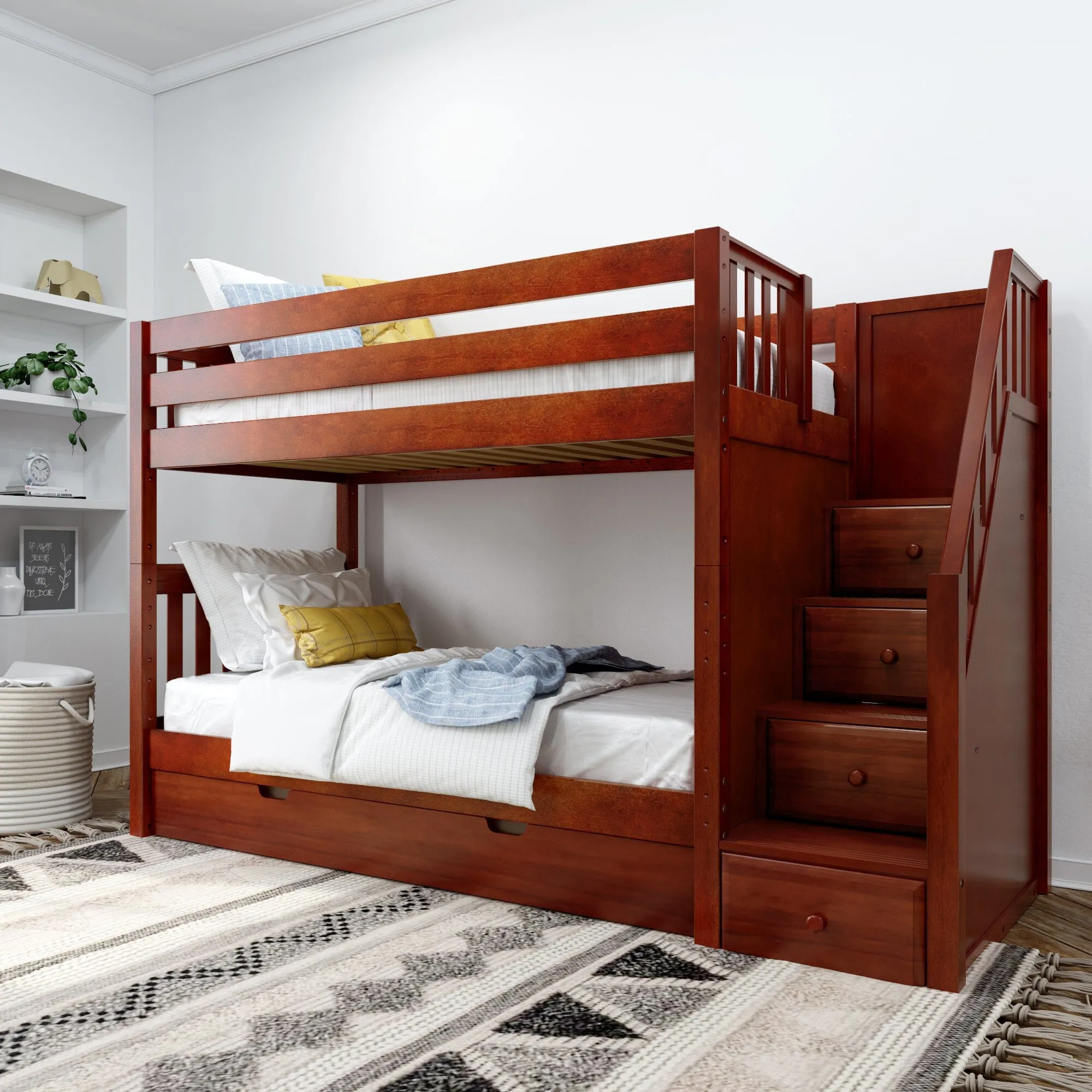Twin Medium Bunk Bed with Stairs and Trundle Bed