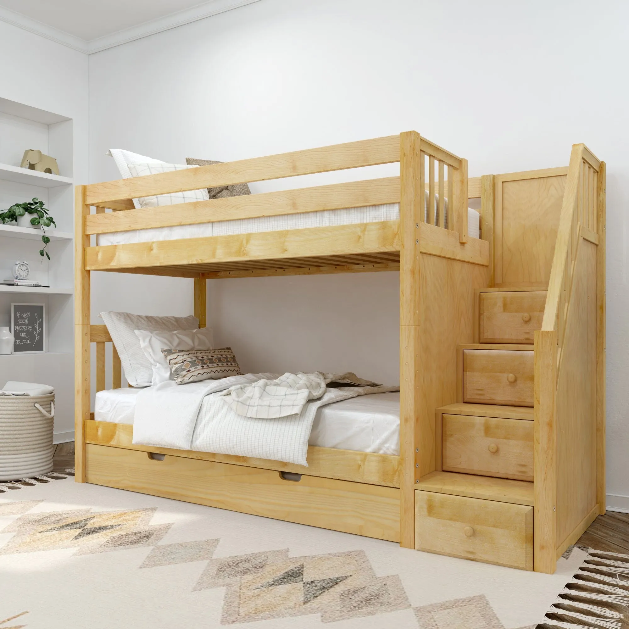 Twin Medium Bunk Bed with Stairs and Trundle Bed