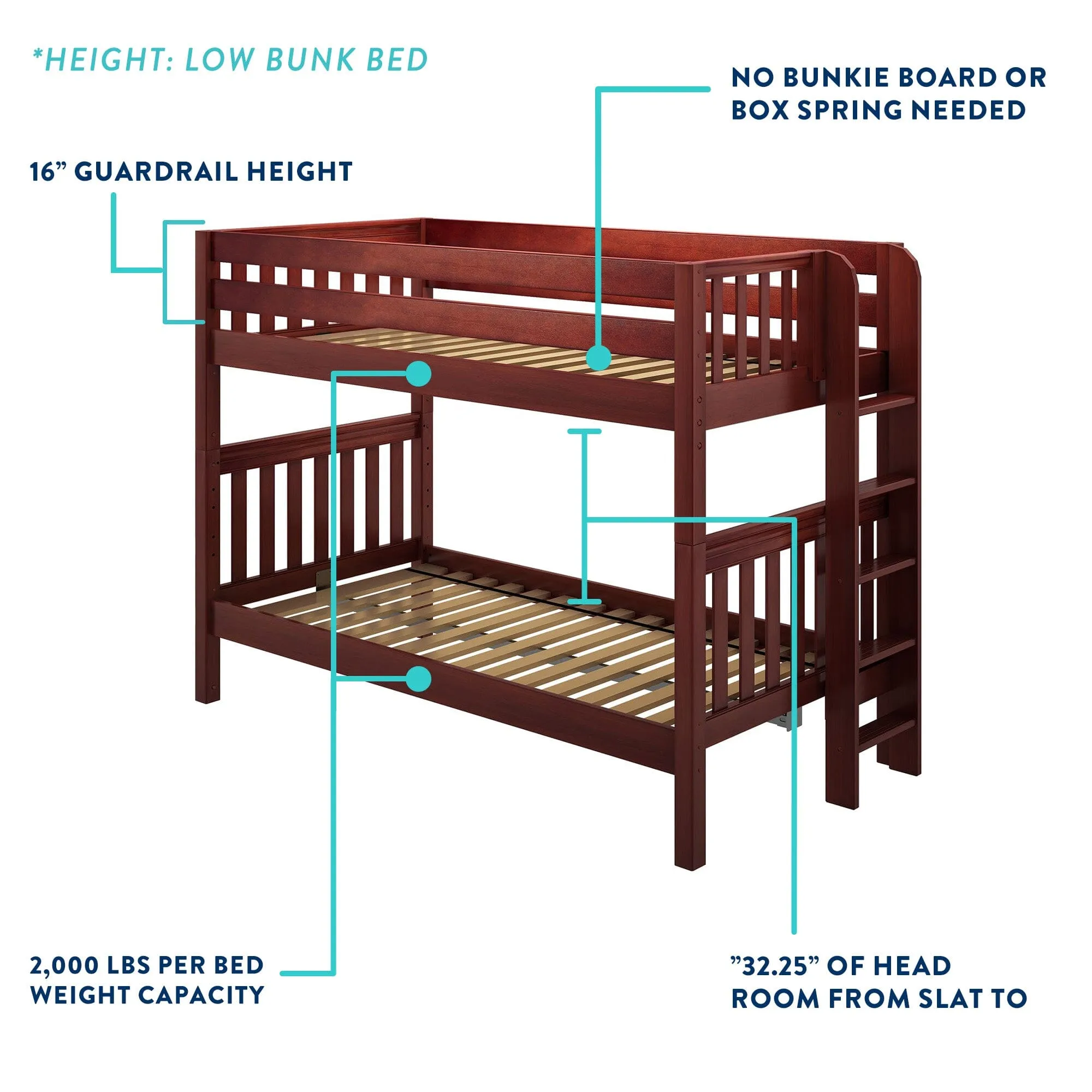 Twin XL Low Bunk Bed with Straight Ladder on Front