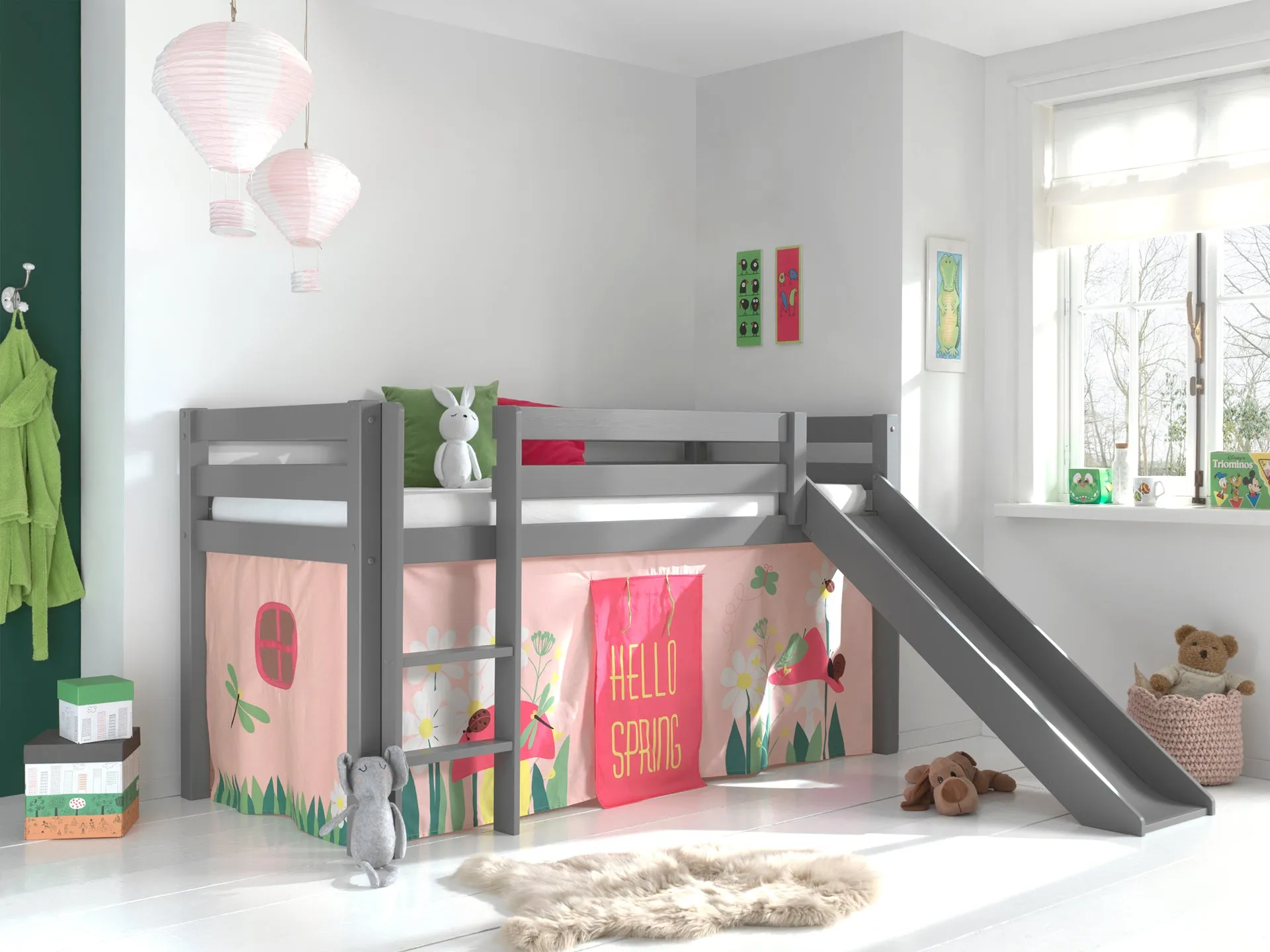 Vipack Pino Mid Sleeper with Slide in Grey with Curtain Options