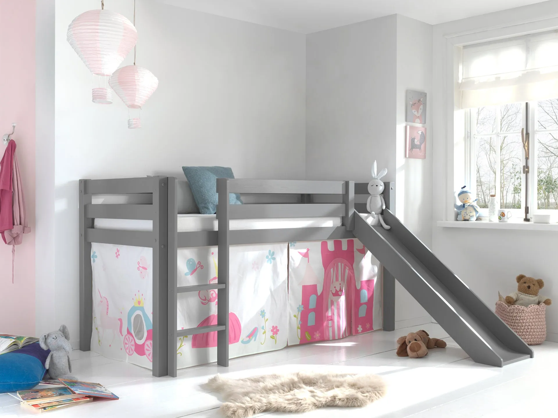 Vipack Pino Mid Sleeper with Slide in Grey with Curtain Options