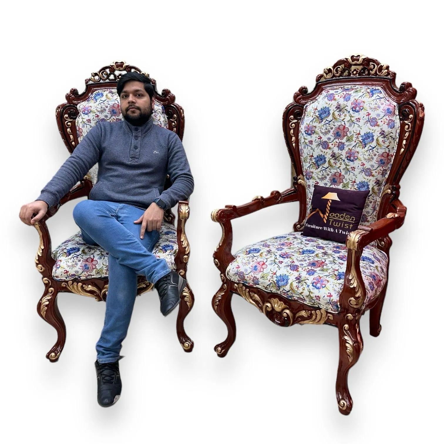 Wooden Twist Deluxe Teak Wood Living Room Chair ( Golden Leaf )