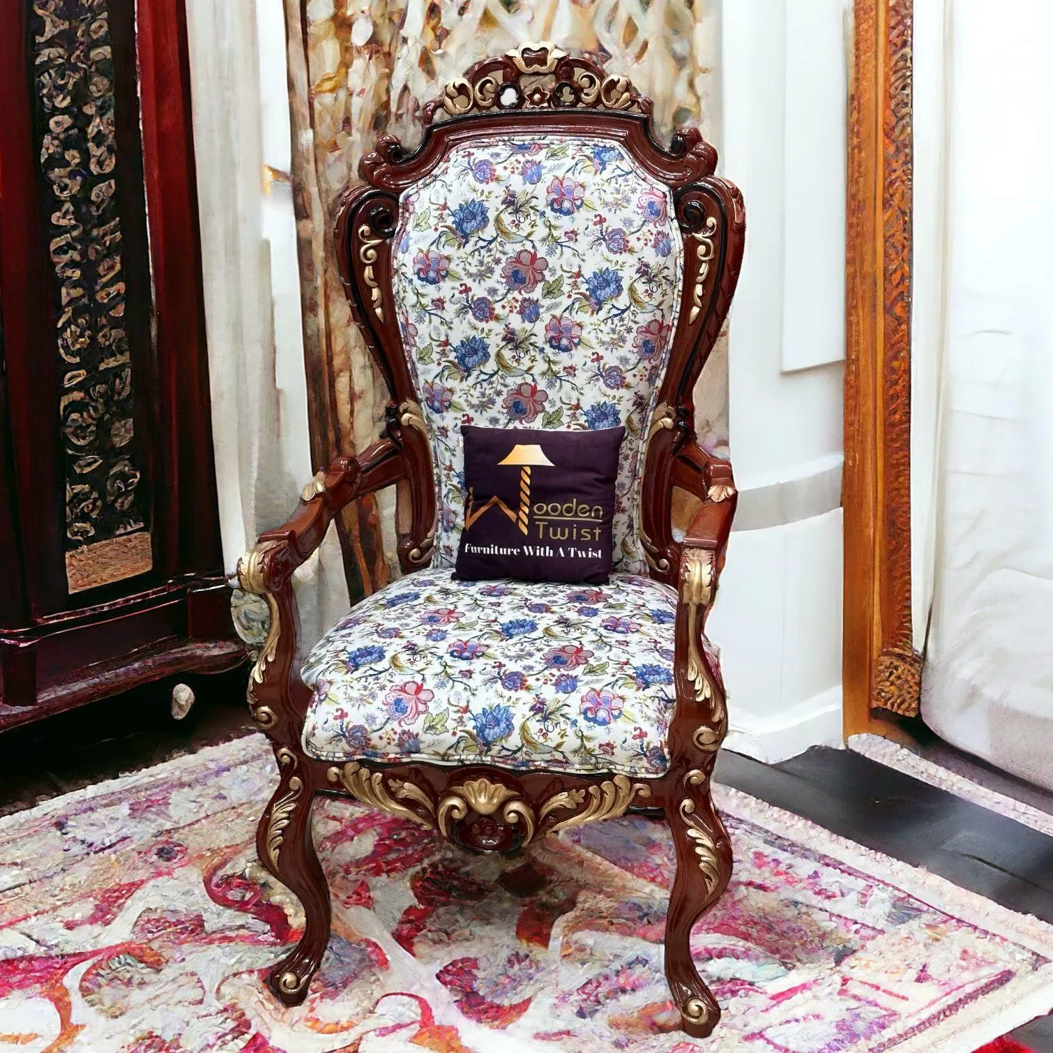 Wooden Twist Deluxe Teak Wood Living Room Chair ( Golden Leaf )