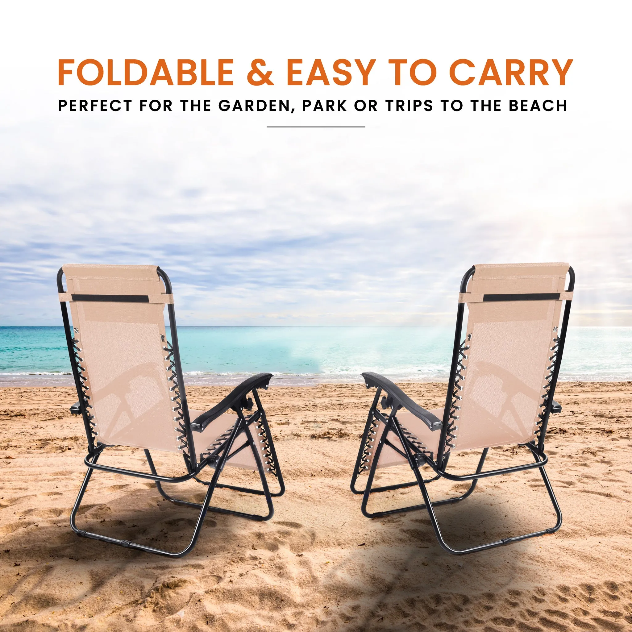 Zero Gravity Reclining Sun Loungers Weatherproof Beige Set of 2