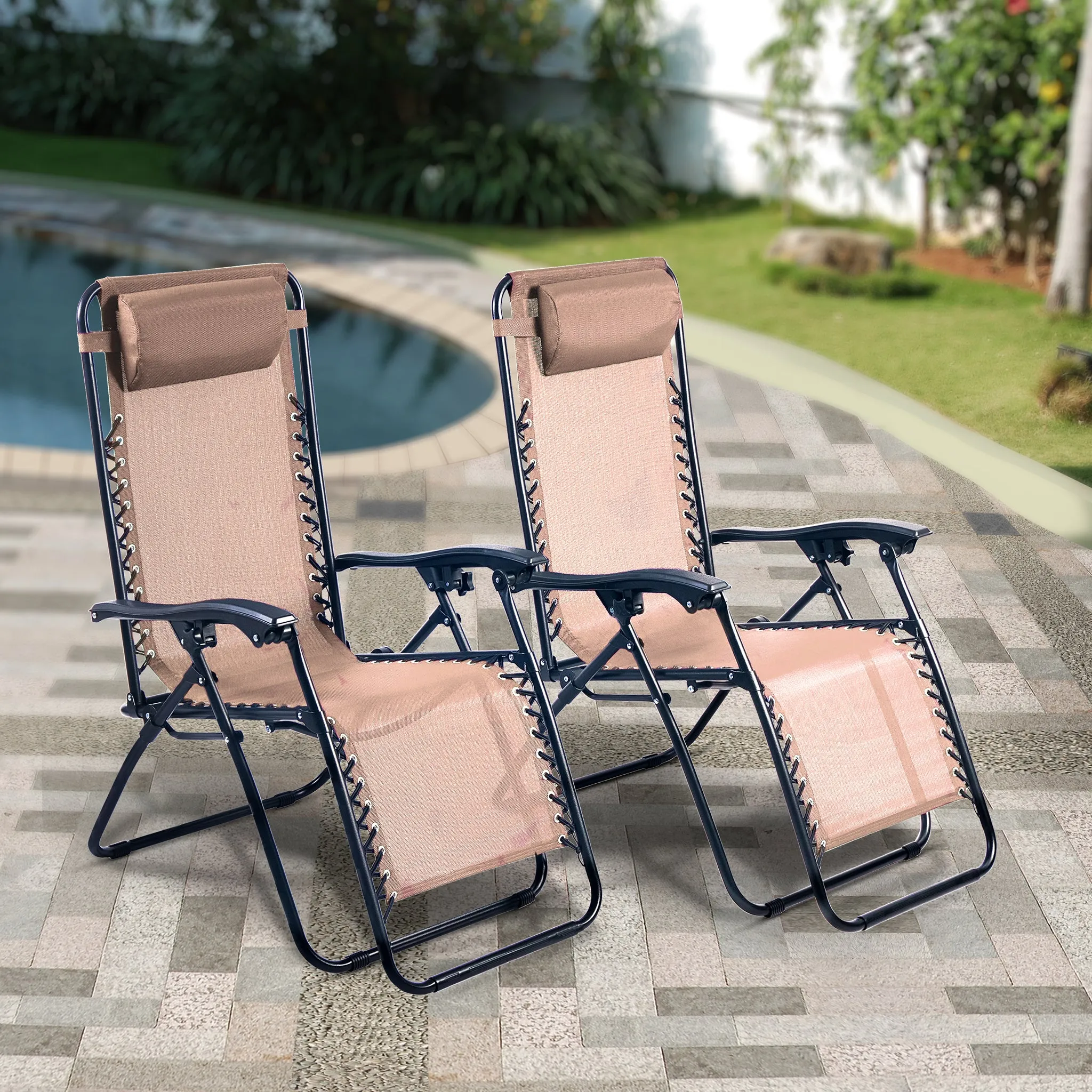 Zero Gravity Reclining Sun Loungers Weatherproof Beige Set of 2