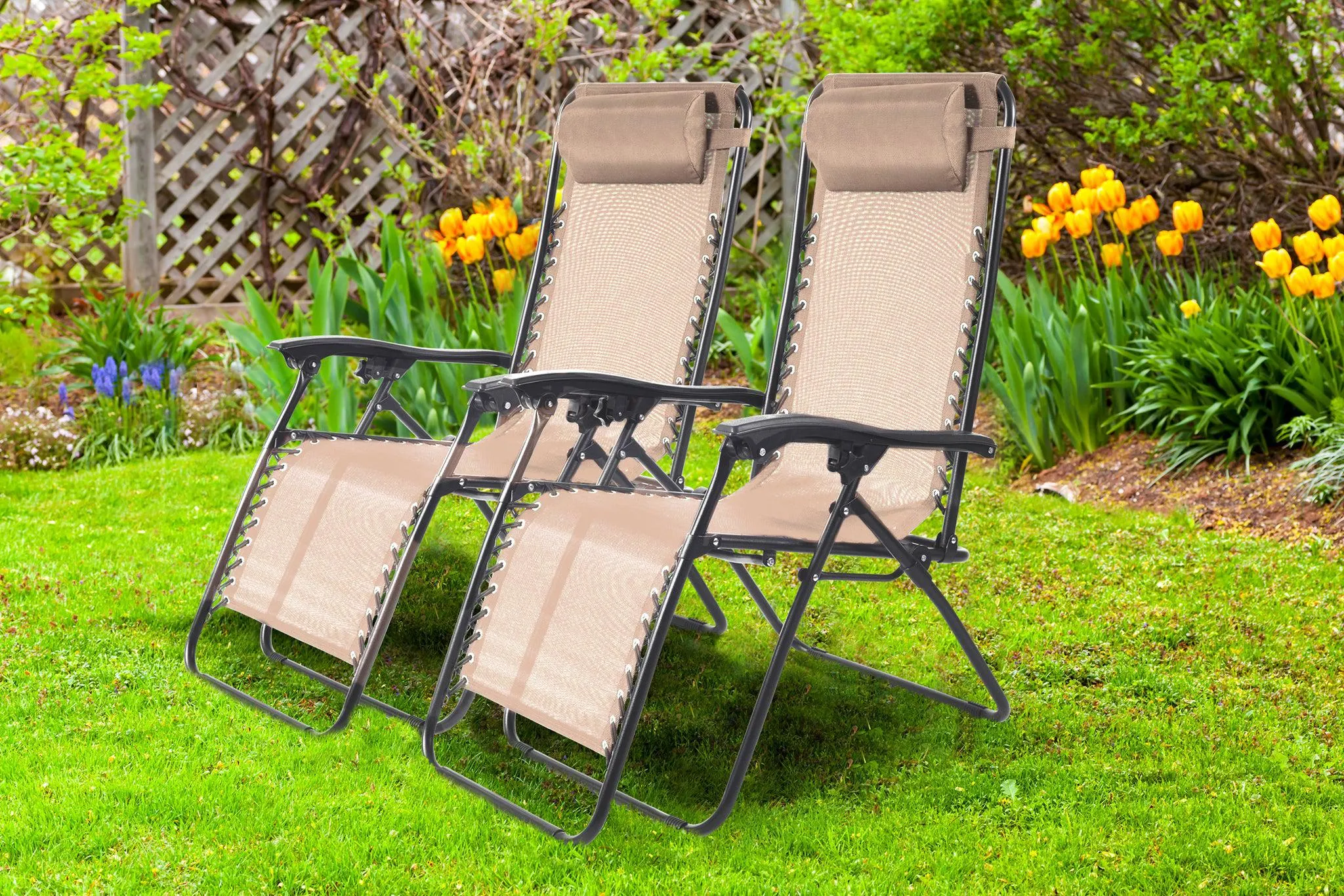 Zero Gravity Reclining Sun Loungers Weatherproof Beige Set of 2