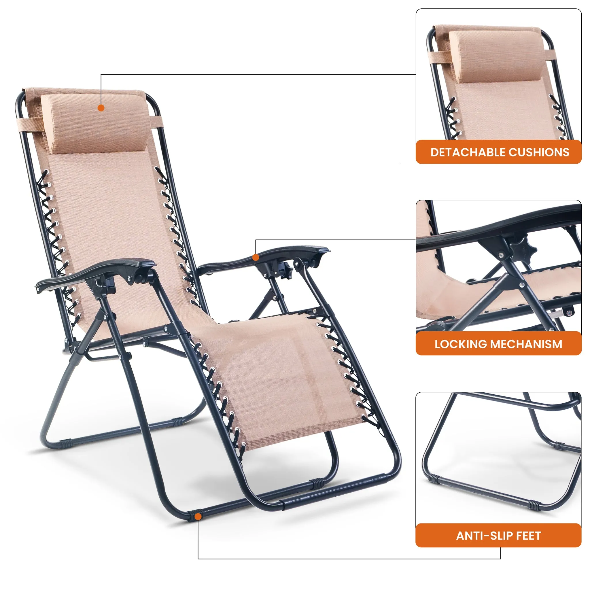 Zero Gravity Reclining Sun Loungers Weatherproof Beige Set of 2